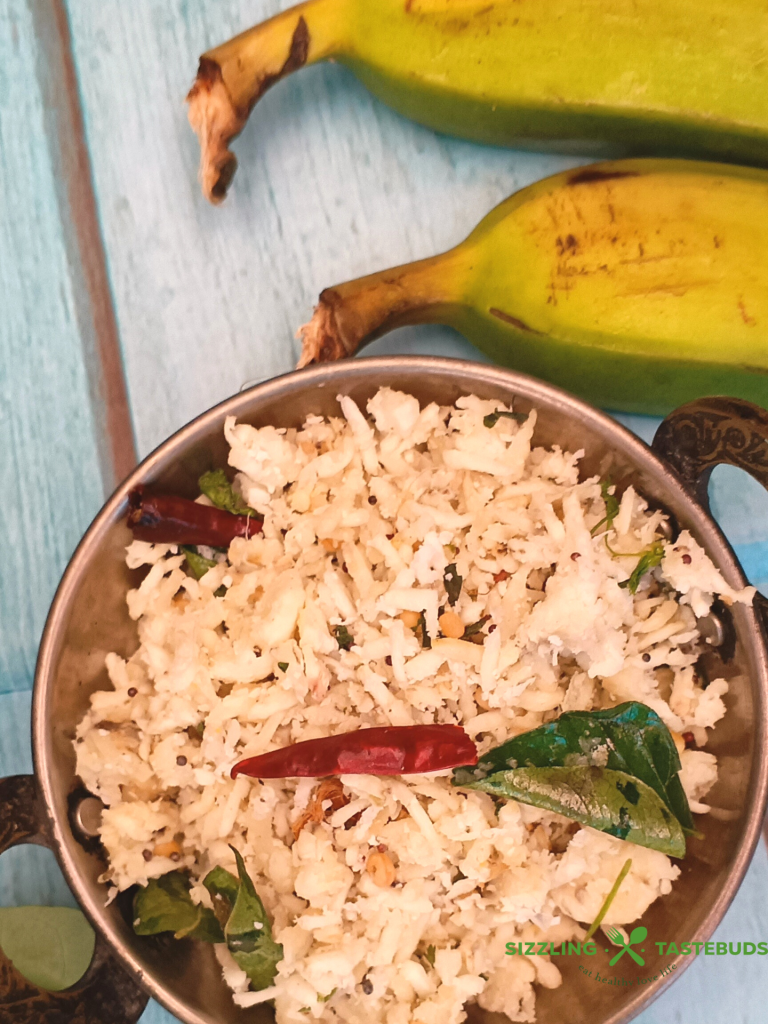 Vazhakkai podimas is a South Indian dish featuring mashed plantains sautéed with spices and herbs. Served with Rasam or Sambhar + Rice in s traditional South Indian meal.