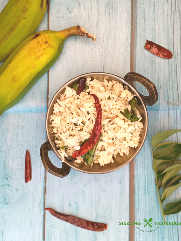 Vazhakkai podimas is a South Indian dish featuring mashed plantains sautéed with spices and herbs. Served with Rasam or Sambhar + Rice in s traditional South Indian meal.