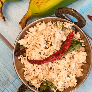 Vazhakkai podimas is a South Indian dish featuring mashed plantains sautéed with spices and herbs. Served with Rasam or Sambhar + Rice in s traditional South Indian meal.