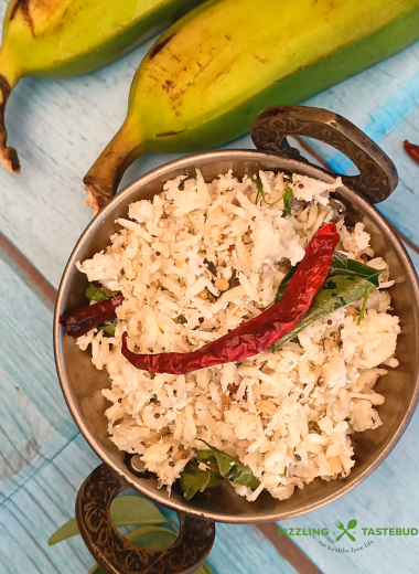 Vazhakkai podimas is a South Indian dish featuring mashed plantains sautéed with spices and herbs. Served with Rasam or Sambhar + Rice in s traditional South Indian meal.