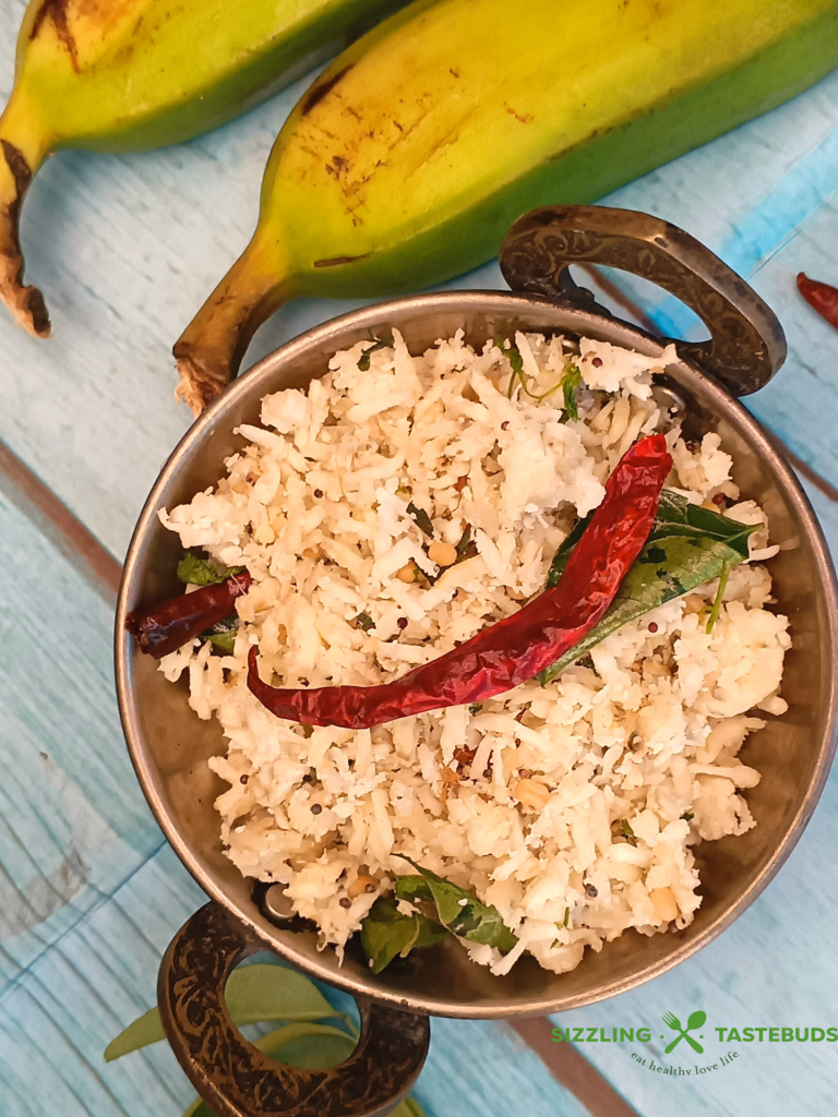 Vazhakkai podimas is a South Indian dish featuring mashed plantains sautéed with spices and herbs. Served with Rasam or Sambhar + Rice in s traditional South Indian meal.
