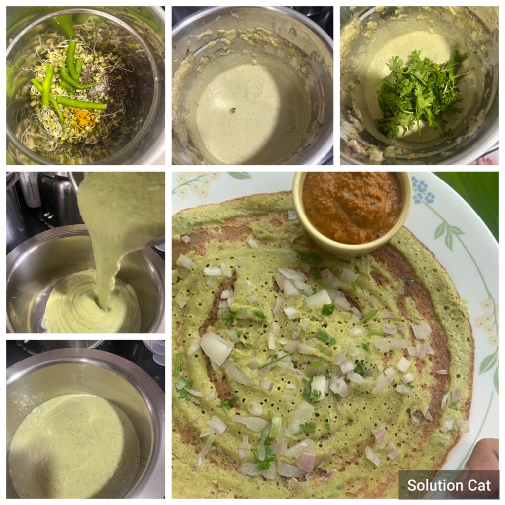 Sprouts Jowar Dosa is an instant Protein rich, Gluten Free, Vegan Dosa made with combing sorghum flour with nutrient-rich sprouts. Makes for a healthy breakfast / brunch option.