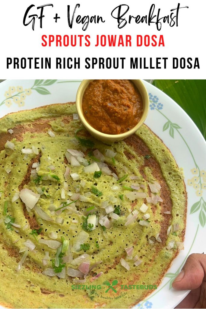 Sprouts Jowar Dosa is an instant Protein rich, Gluten Free, Vegan Dosa made with combing sorghum flour with nutrient-rich sprouts. Makes for a healthy breakfast / brunch option.