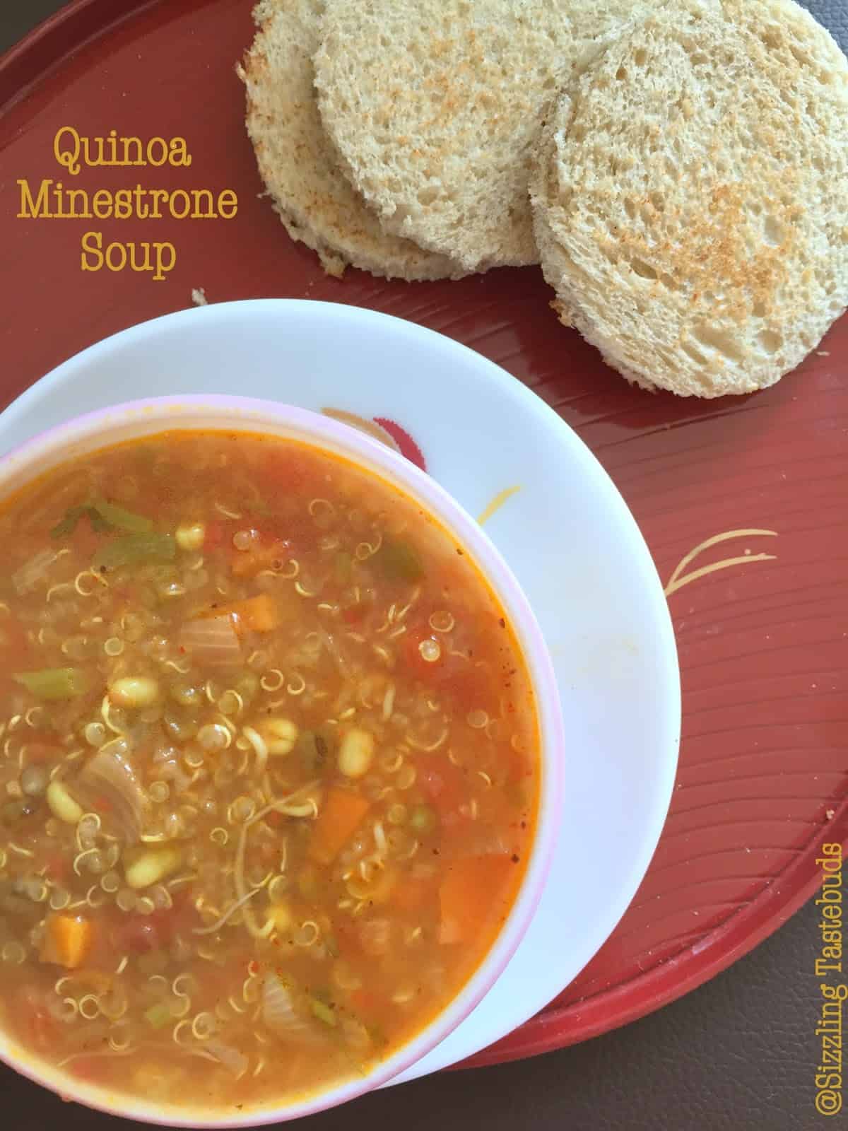 Quinoa Minestrone Soup is a filling and healthy Gluten Free and Vegan dinner or brunch alternative. Perfect for winter or snowy nights as a filling meal.