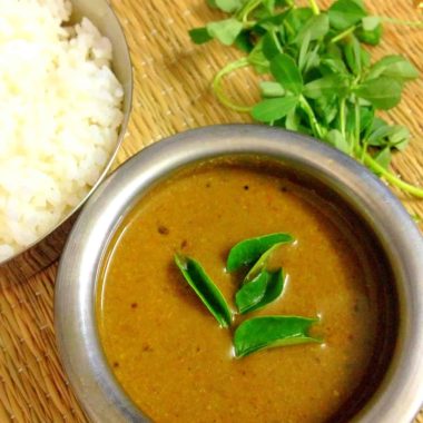 Menthye Kattina Saaru is an aromatic thick broth or Rasam with the goodness of fresh fenugreek leaves, cooked lentils in a spicy base. Served with steamed rice or Ragi mudde.