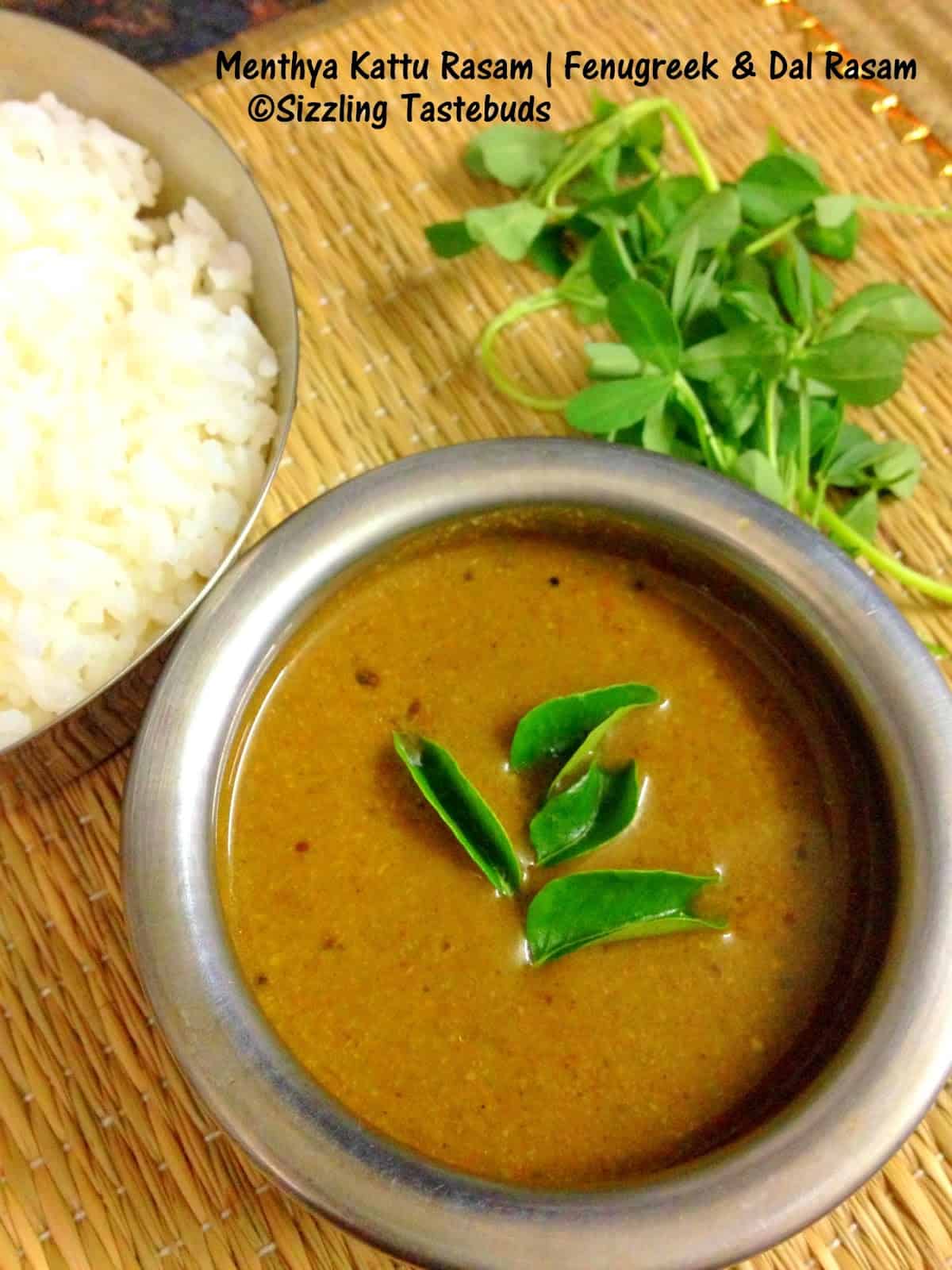 Menthye Kattina Saaru is an aromatic thick broth or Rasam with the goodness of fresh fenugreek leaves, cooked lentils in a spicy base. Served with steamed rice or Ragi mudde.