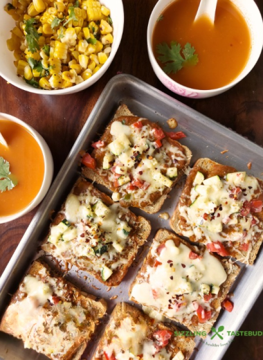 Pav Bhaji Pizza is a quick to make snack or light dinner with leftover pav bhaji masala and basic pantry essentials. Customisable as a Gluten Free or Vegan snack too.